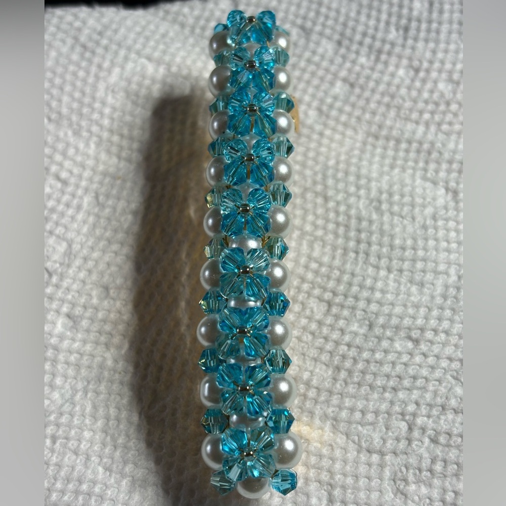 Handmade white and blue beaded hair barrette 3 inches